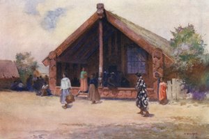 Nova Zelândia: Casa Esculpida, Ohinemutu (litografia a cores)