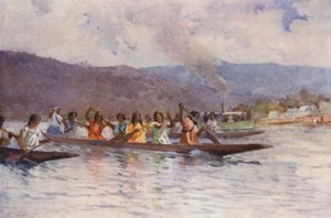 Nova Zelândia: Corrida de canoa de Wahine no Waikato (litografia a cores)