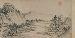 Habitação nas Montanhas Fuchun depois de Huang Gongwang, dinastia Qing, 1672 (tinta e cor sobre papel)