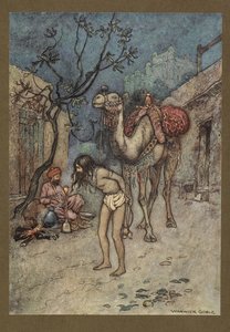 Placa 16: "O cameleiro desceu, amarrou o camelo na árvore no local e começou a fumar."  Folk-Tales of Bengal... Com 32 ilustrações a cores de Warwick Goble. (Edição de luxo.).  1914