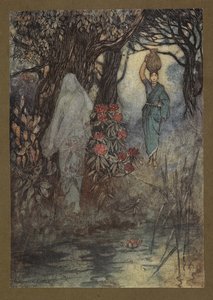 Placa 18: "A mulher do brâmane teve ocasião de ir ao tanque, e ao ir foi escovada por um Sankchinni", de Folk-Tales de Bengala ... Com 32 ilustrações a cores, de Warwick Goble. (Edition de luxe.)