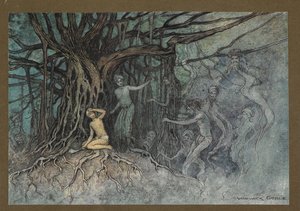Placa 19: "No momento em que foi dado o primeiro golpe, um grande número de fantasmas correu para o Brahman, de "Folk-Tales of Bengal ... Com 32 ilustrações a cores de Warwick Goble (Edition de luxe.)