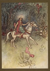 Placa 24: "Uma luz brilhante, como a da Lua, era vista a brilhar na sua testa", de Folk-Tales of Bengal ... Com 32 ilustrações a cores de Warwick Goble (Edition de luxe)