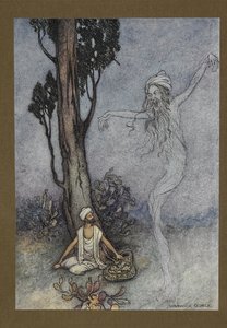 Placa 26: "Agora barbeiro, eu vou te destruir. quem vai te proteger?", de Folk-Tales of Bengal... Com 32 ilustrações em cores de Warwick Goble (Edition de luxe.)
