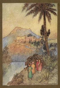 Gravura 27: "Eles se aproximaram de um magnífico conjunto de edifícios.", de Folk-Tales of Bengal... Com 32 ilustrações em cores de Warwick Goble. (Edição de luxo.)