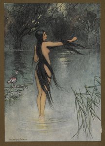 Placa 29: "Quando ela saiu da água, que mudança se viu nela!", de Folk-Tales of Bengal ... Com 32 ilustrações a cores de Warwick Goble (Edition de luxe.). 1914