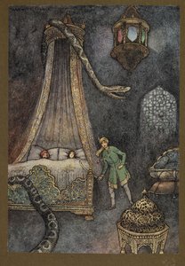 Placa 3: "Ele saiu a correr do seu esconderijo e matou a serpente", de Folk-Tales of Bengal ... Com 32 ilustrações a cores, de Warwick Goble. (Edição de luxe) de Warwick Goble