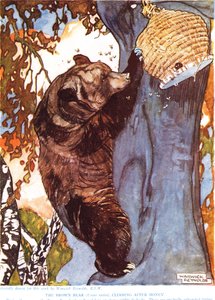 O Urso-pardo (Ursus arctos), subindo atrás do mel, ilustração de "A Nova História Natural", de John Arthur Thompson (1861-1933), publicado pelos Filhos de GP Putnam, na década de 1920