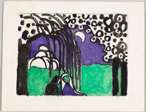 Estudo para a xilogravura a cores "Duas mulheres numa paisagem lunar"