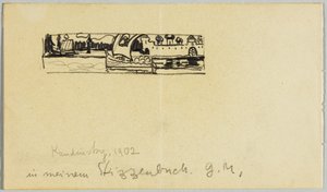Paisagem fluvial com Barco e Cidade Murada de Wassily Kandinsky