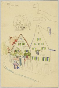 Pista com casas de telhado de palha e carroças cobertas, verso: vista de uma aldeia com uma igreja com torre de cebola. de Wassily Kandinsky