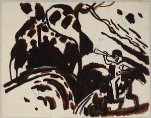 Paisagem com um cavaleiro soprando uma trombeta de Wassily Kandinsky