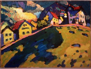 Paisagem de Verão - Descrição de uma paisagem no campo com casas, perto de Murnau (Baviera, Alemanha) - Trabalho de Vassily Kandinsky (ou Wassily Kandinski ou Kandinskij de Wassily Kandinsky