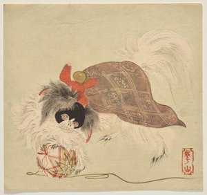Cão de queixo japonês com um manto roxo, brincando com uma bola de fio de seda de Watanabe Kazan