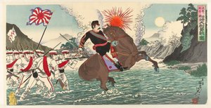 Uma representação da heróica luta do Capitão Matsuzaki durante a batalha de Songhwan
Seikan no eki ni oite Matsuzaki Taii yûsen no zu (título sobre o objecto)