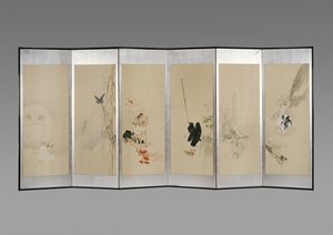 Tela dobrável: Flores dos Doze Meses, c.1900 (tinta e cor no papel) de Watanabe Seitei