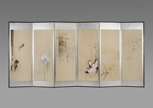 Par de telas dobráveis: Flores dos Doze Meses, c.1900 (tinta e cor no papel) de Watanabe Seitei