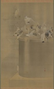 Pombos em Senjoji (Templo de Asakusa Kannon) Era Meiji, 1877 (tinta e cor em seda) de Watanabe Seitei