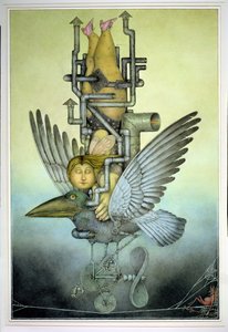 Rapariga que se equilibra num pássaro mecânico na corda bamba (lápis e lápis de cor sobre papel) de Wayne Anderson