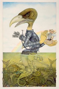 Pássaro de armadura sobre cavalo marinho (lápis e lápis de cor sobre papel) (par de 150071) de Wayne Anderson