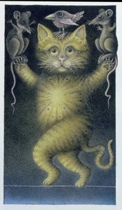 Gato na corda bamba, equilibrando-se com pássaro e ratos (lápis e lápis de cor sobre papel)
