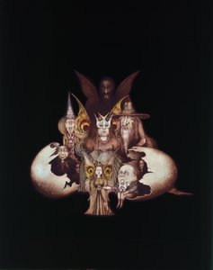 Personagens de outros mundos que emergem do ovo ou O nascimento do país das fadas (lápis e lápis de cor sobre papel)