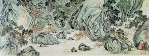 A viagem para a "Terra dos imortais", detalhe de "A primavera das flores de pessegueiro", de um poema intitulado "Tao Yuan Bi Jing", de Wang Wei