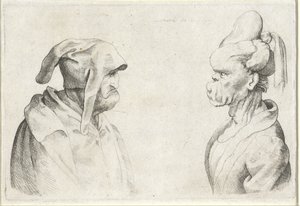 Cabeças deformadas de um homem com um chapéu flexível e uma mulher com cabelo amarrado Varie figurae et probae (título da série) Caricaturas, cabeças e deformidades após Leonardo da Vinci (título da série) de Wenceslaus Hollar (attributed to)