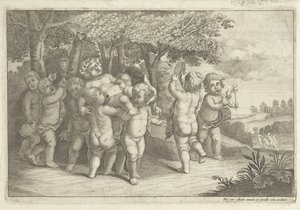 Os rapazes que fazem música e dançam carregam um bacchant de Wenceslaus Hollar (rejected attribution)