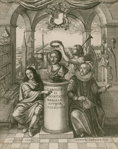 Busto de Charles II, com Lord Brouncker (à esquerda), o primeiro presidente da Royal Society, e Francis Bacon (à direita) de Wenceslaus Hollar