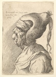 Busto de uma mulher deformada com chapéu cônico e duas tranças penduradas no perfil para a esquerda, 1665. de Wenceslaus Hollar