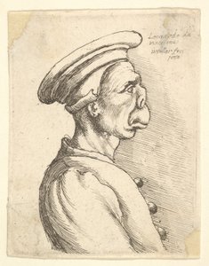 Busto de homem com nariz achatado e boca saliente, vestindo boné plano e casaco abotoado em ..., 1660. de Wenceslaus Hollar