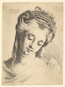 Busto de uma jovem mulher com cocar elaborado, olhando para baixo., 1625-77. de Wenceslaus Hollar