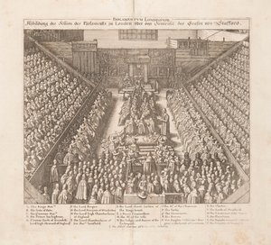 Representação da sessão do Parlamento de Londres da sentença do Conde de Stafford, ca 1642. de Wenceslaus Hollar