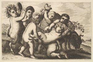 Cinco rapazes, dois sátiros e um exemplar de cabra, do século XVII. de Wenceslaus Hollar