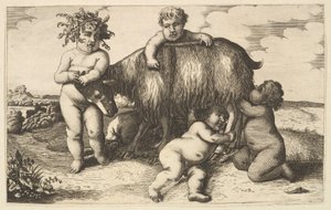 Quatro meninos, um jovem sátiro e uma cópia de cabra no reverso, século XVII. de Wenceslaus Hollar