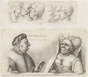 Friso com cabeças de estudo / Caricaturas do rei e da rainha da Tunísia
Rex et Regina de Tunis (título sobre o objecto)
Variie figurae et probae (título da série)
Caricaturas, cabeças e deformidades após Leonardo da Vinci (título da série)