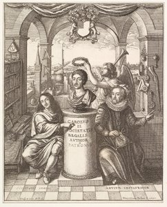 Frontispício da história da Royal Society of London por Thomas Spratt, pub. 1702 de Wenceslaus Hollar