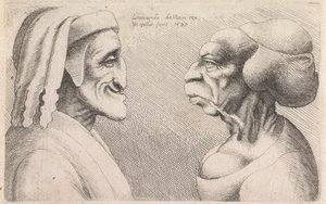 Perfis grotescos de um homem e uma mulher virados um para o outro de Wenceslaus Hollar
