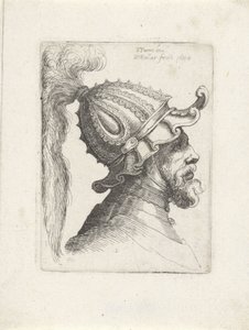 Cabeça de um homem com capacete emplumado Cabeças com capacetes para Parmigianino (título da série) de Wenceslaus Hollar