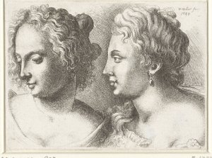 Cabeças de duas mulheres jovens Varie figurae et probae (título da série) Caricaturas, cabeças e deformidades após Leonardo da Vinci (título da série) de Wenceslaus Hollar