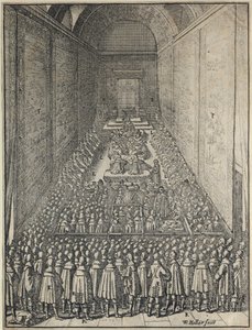 Interior da Câmara dos Lordes em sessão, Palácio de Westminster, Londres, c1650 de Wenceslaus Hollar