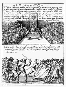John Pym lendo uma carta na Câmara dos Comuns; o Coronel Thomas Lunsford e seus soldados atacando os londrinos de Wenceslaus Hollar