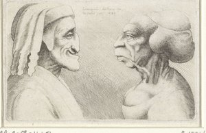 Caricatura deformada das cabeças de um homem com chapéu(Dante?) e de uma mulher
Variie figurae et probae (título da série)
Caricaturas, cabeças e deformidades após Leonardo da Vinci (título da série) de Wenceslaus Hollar