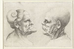 Cabeças deformadas de um homem e uma mulher carecas com chifres na cabeça
Variie figurae et probae (título da série)
Caricaturas, cabeças e deformidades após Leonardo da Vinci (título da série) de Wenceslaus Hollar