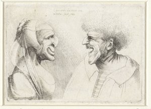 Cabeças deformadas de um homem e uma mulher sorridentes com um boné na cabeça Varie figurae et probae (título da série) Caricaturas, cabeças e deformidades após Leonardo da Vinci (título da série) de Wenceslaus Hollar
