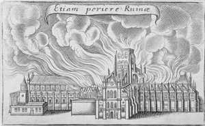 Antiga Catedral de São Paulo a arder no Grande Incêndio de Londres, 1666 de Wenceslaus Hollar