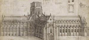 Antiga Catedral de São Paulo a partir do nordeste (Caneta e tinta marrom e cinza sobre grafite, incisão e esfregados para transferência) de Wenceslaus Hollar