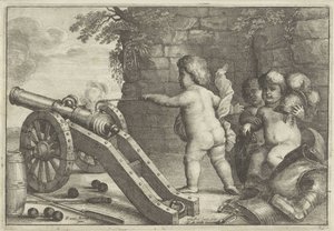 Putti disparando canhão: O elemento do fogo Os Quatro Elementos (título da série) de Wenceslaus Hollar
