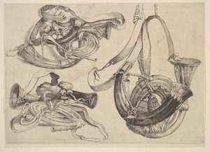 Sete chifres de caça em três agrupamentos, 1625-77. de Wenceslaus Hollar
